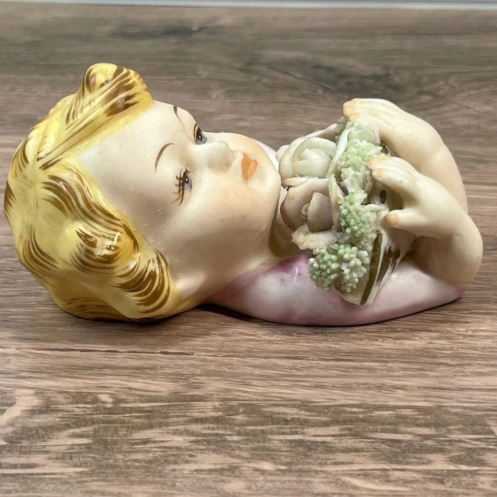 Norcrest Angel Wall Pocket Figurine Pink Blonde Roses Japan Vintage 1950s